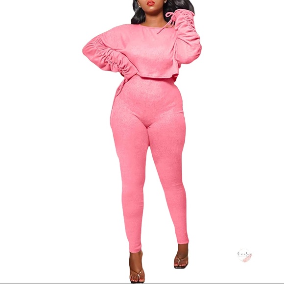 Pink Ribbed 2 Piece Set Ruched Sleeve Crop Top and Long Pants Workout Set - Picture 4 of 7